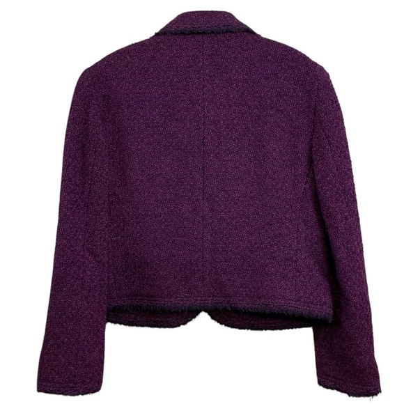 DKNY Donna Karan Wool Tweed Fringe Frayed Trim Blazer Jacket Purple Black Size 6 - Picture 2 of 7